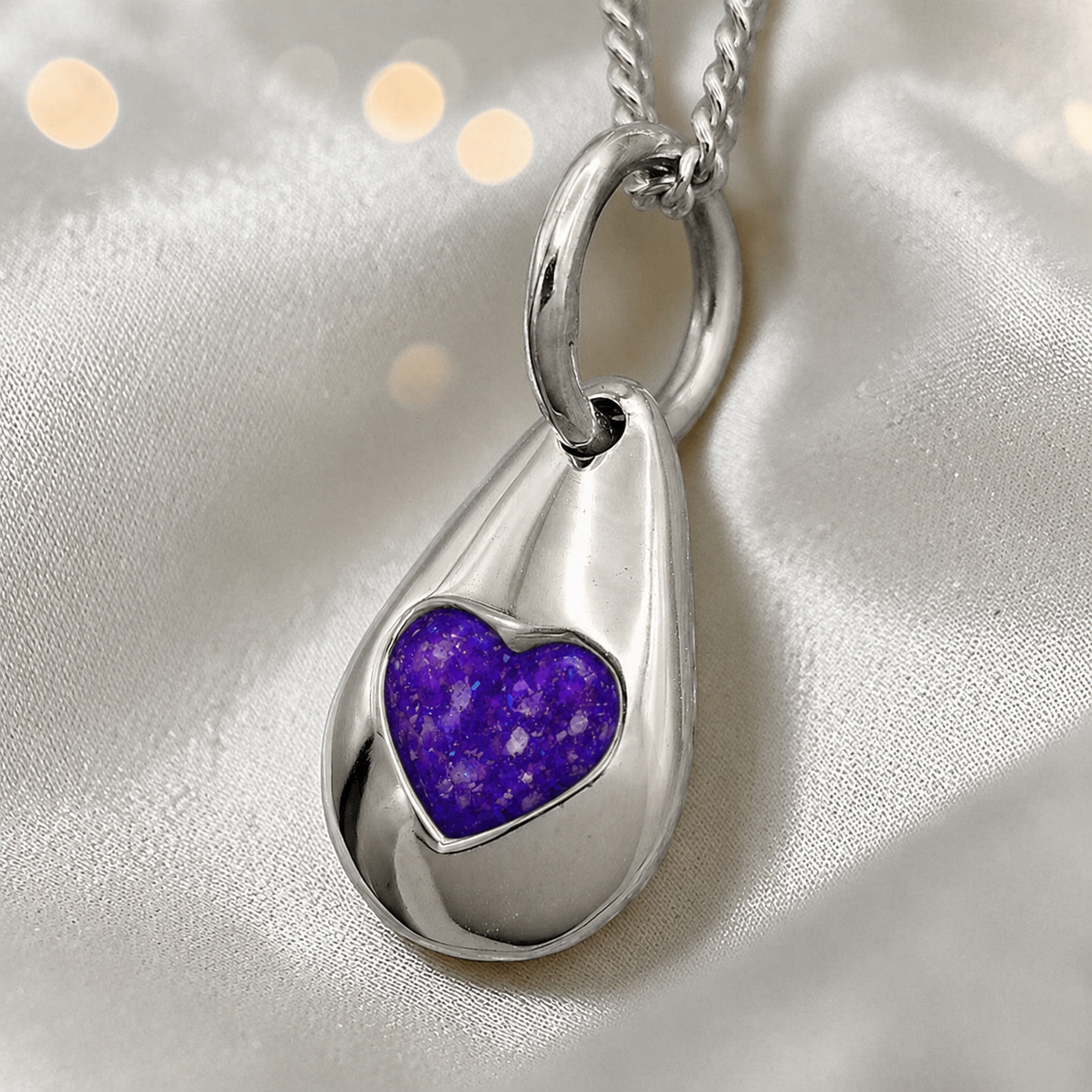 Gacrux pebble shaped pendant with heart memorial stone in sleepy lavender , handcrafted in Lancashire UK - by Keepsake Memorial Jewellery