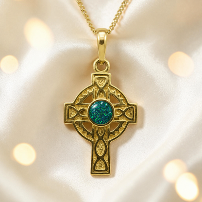Teal Mist Gael Cross 9ct gold pendant, handcrafted in Lancashire UK – by Keepsake Memorial Jewellery