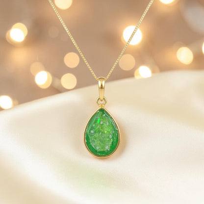 Golden Whisper 9ct gold pear drop memorial ashes pendant in fruit green, handcrafted in Lancashire UK - by Keepsake Memorial Jewellery