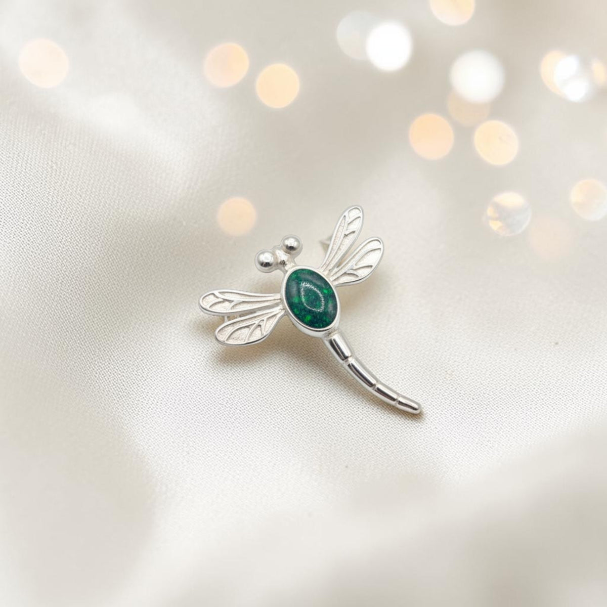 Guiding Light Dragonfly Brooch — silver dragonfly ashes memorial brooch, handcrafted in Lancashire, UK