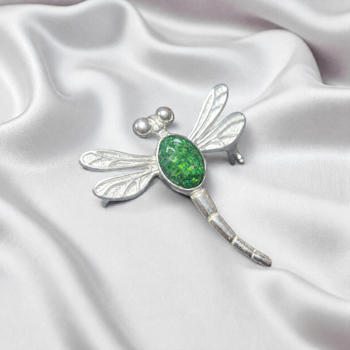 Keepsake Memorial Silver guiding light dragonfly brooch in fruit green. Handcrafted in the UK - by Keepsake Memorial Jewellery