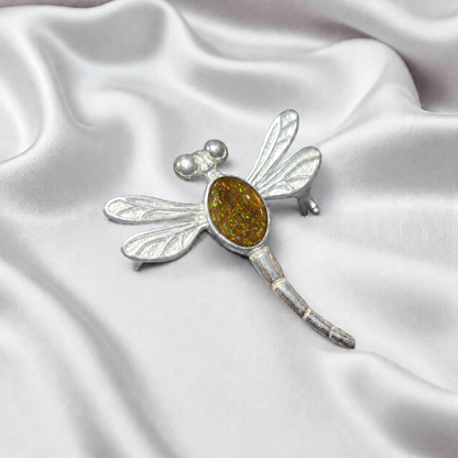 Keepsake Memorial Silver guiding light dragonfly brooch in Gold Olive. Handcrafted in the UK by Keepsake Memorial Jewellery