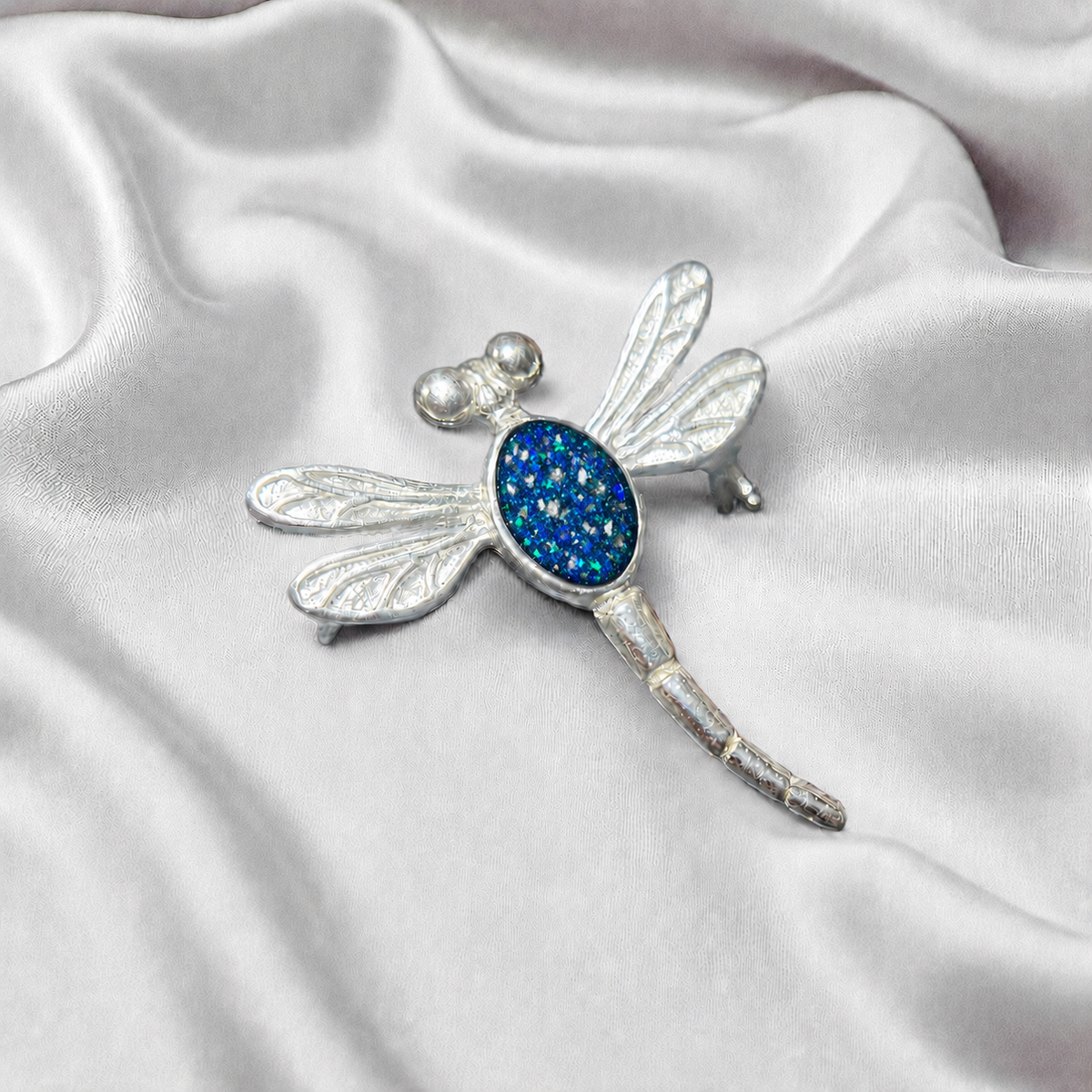 Keepsake Memorial Silver guiding light dragonfly brooch in Sapphire Glow- Handcrafted in the UK - by Keepsake Memorial Jewellery