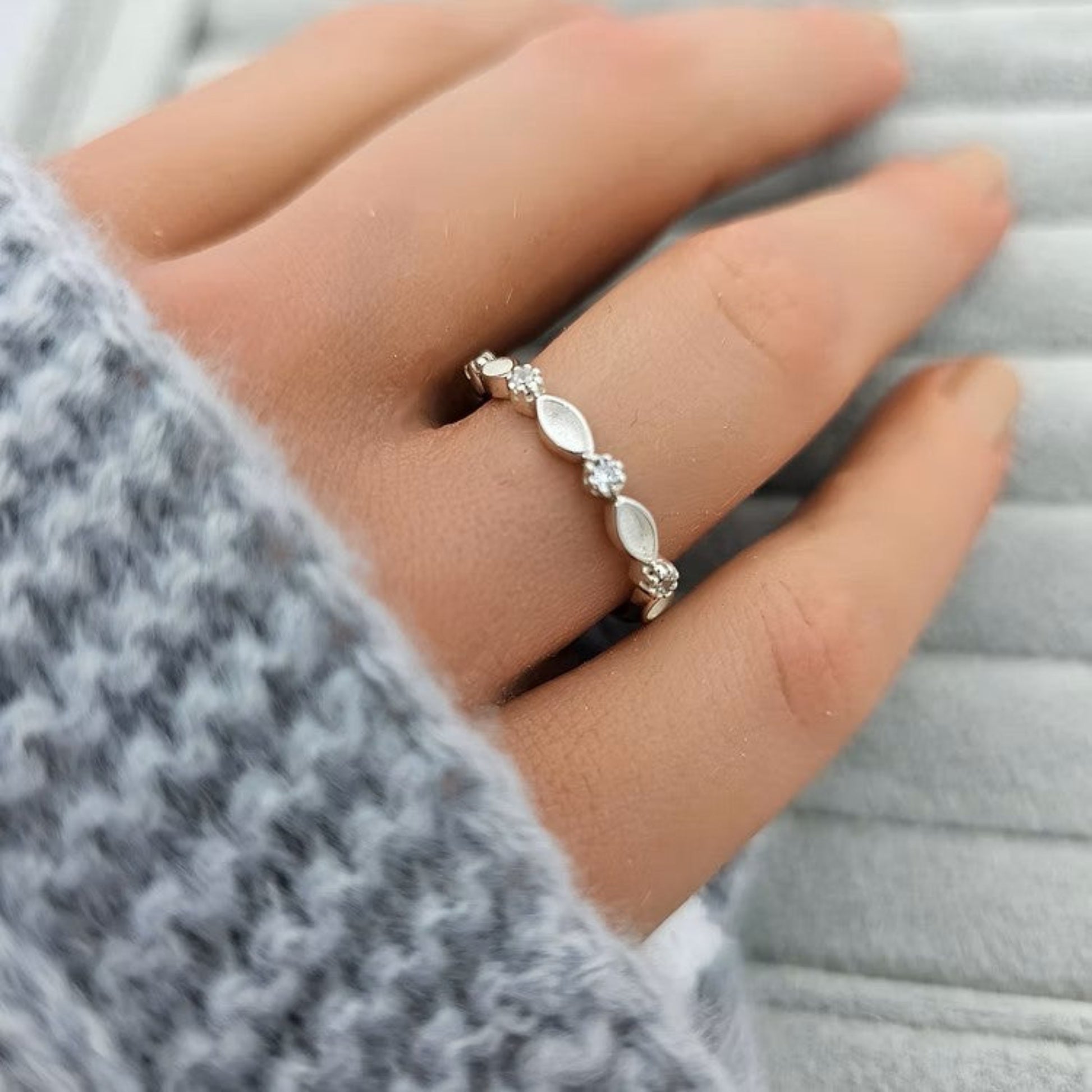 Arabella Ring worn on hand — silver marquise ashes memorial ring, handcrafted in Lancashire, UK