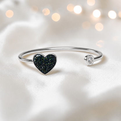 Halcyon Bangle — silver heart ashes memorial bangle in black flame, handcrafted in Lancashire, UK - by Keepsake memorial Jewellery