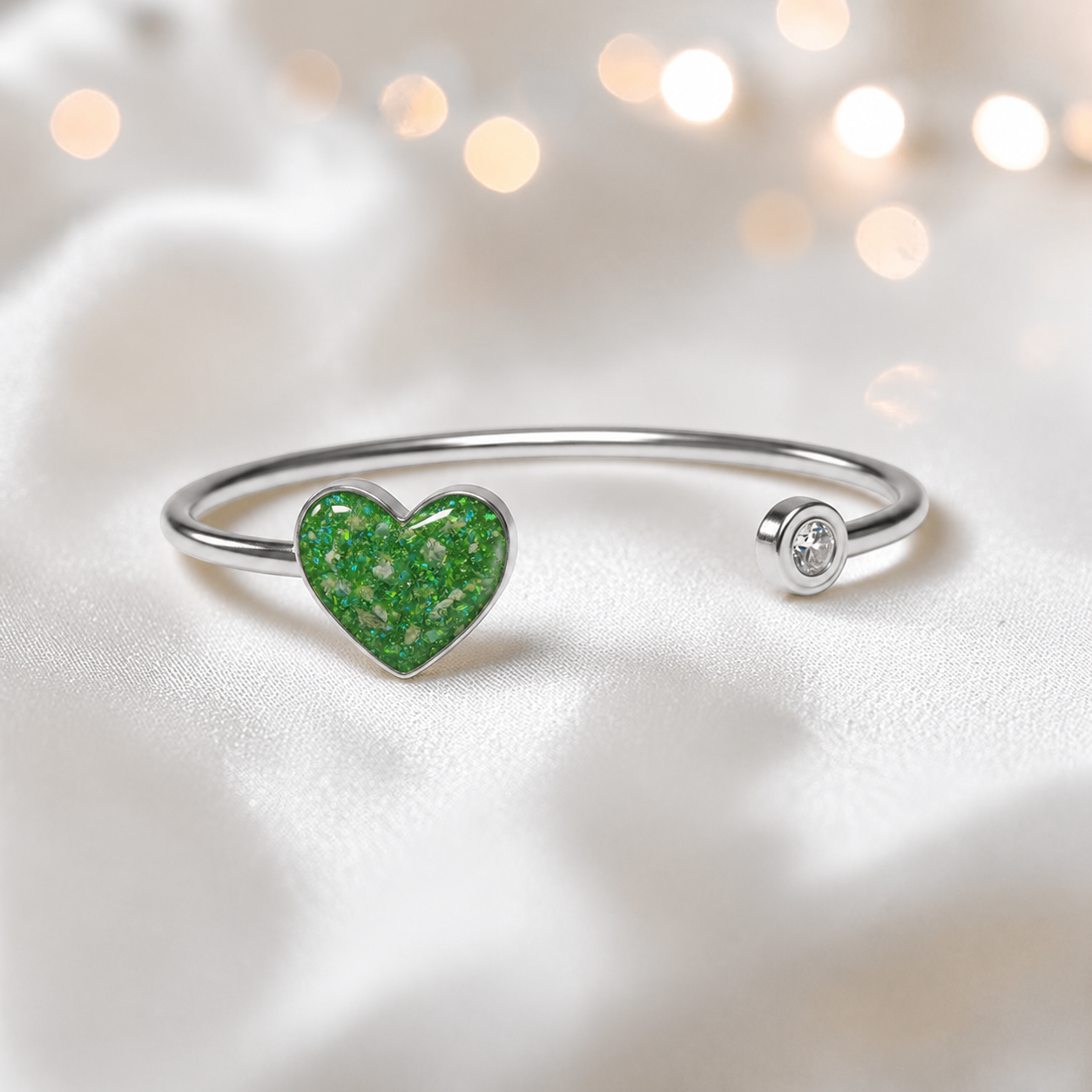 Halcyon Bangle — silver heart ashes memorial bangle in fruit green, handcrafted in Lancashire, UK - by Keepsake memorial Jewellery