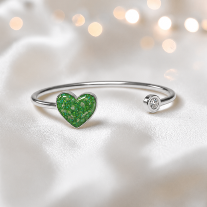 Halcyon Bangle — silver heart ashes memorial bangle in fruit green, handcrafted in Lancashire, UK - by Keepsake memorial Jewellery