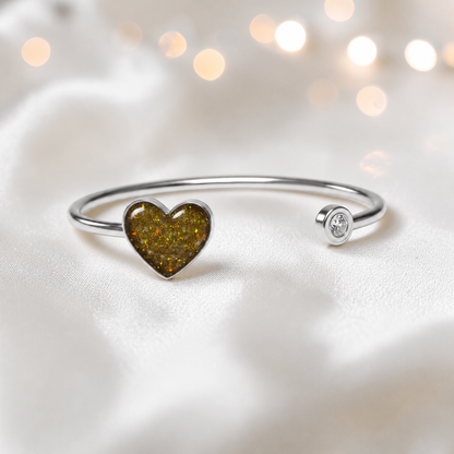 Halcyon Bangle — silver heart ashes memorial bangle in gold olive, handcrafted in Lancashire, UK - by Keepsake memorial Jewellery