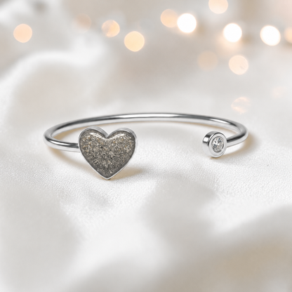 Halcyon Bangle — silver heart ashes memorial bangle in natural ash, handcrafted in Lancashire, UK - by Keepsake memorial Jewellery
