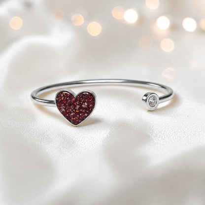 Halcyon Bangle — silver heart ashes memorial bangle in ruby red, handcrafted in Lancashire, UK - by Keepsake memorial Jewellery