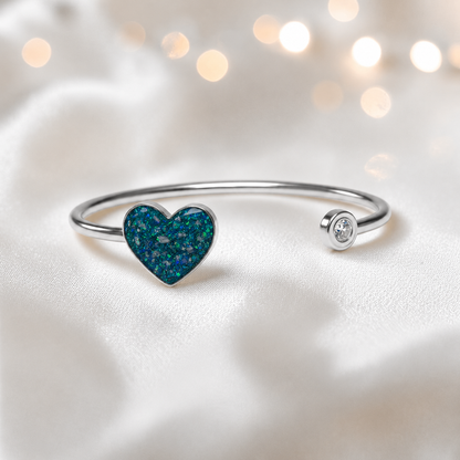 Halcyon Bangle — silver heart ashes memorial bangle in teal mist, handcrafted in Lancashire, UK - by Keepsake memorial Jewellery