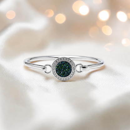 Halo Bangle — silver round CZ ashes memorial bangle in black flame, handcrafted in Lancashire, UK - by Keepsake Memorial Jewellery