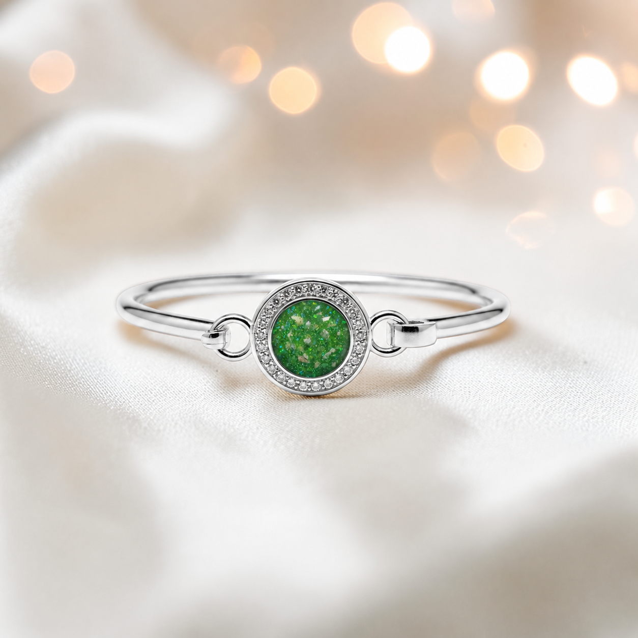 Halo Bangle — silver round CZ ashes memorial bangle in fruit green, handcrafted in Lancashire, UK - by Keepsake Memorial Jewellery