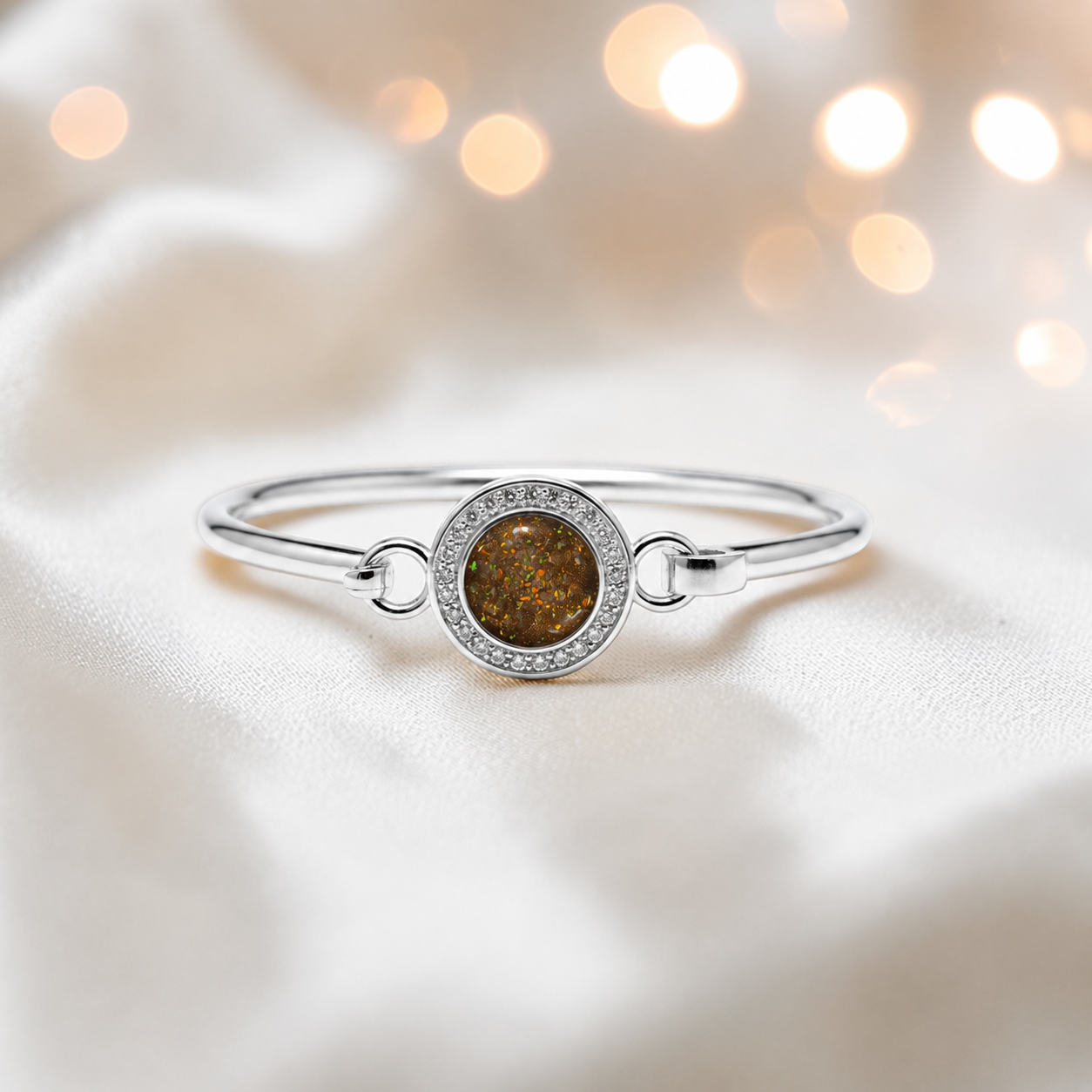 Halo Bangle — silver round CZ ashes memorial bangle in gold olive, handcrafted in Lancashire, UK - by Keepsake Memorial Jewellery