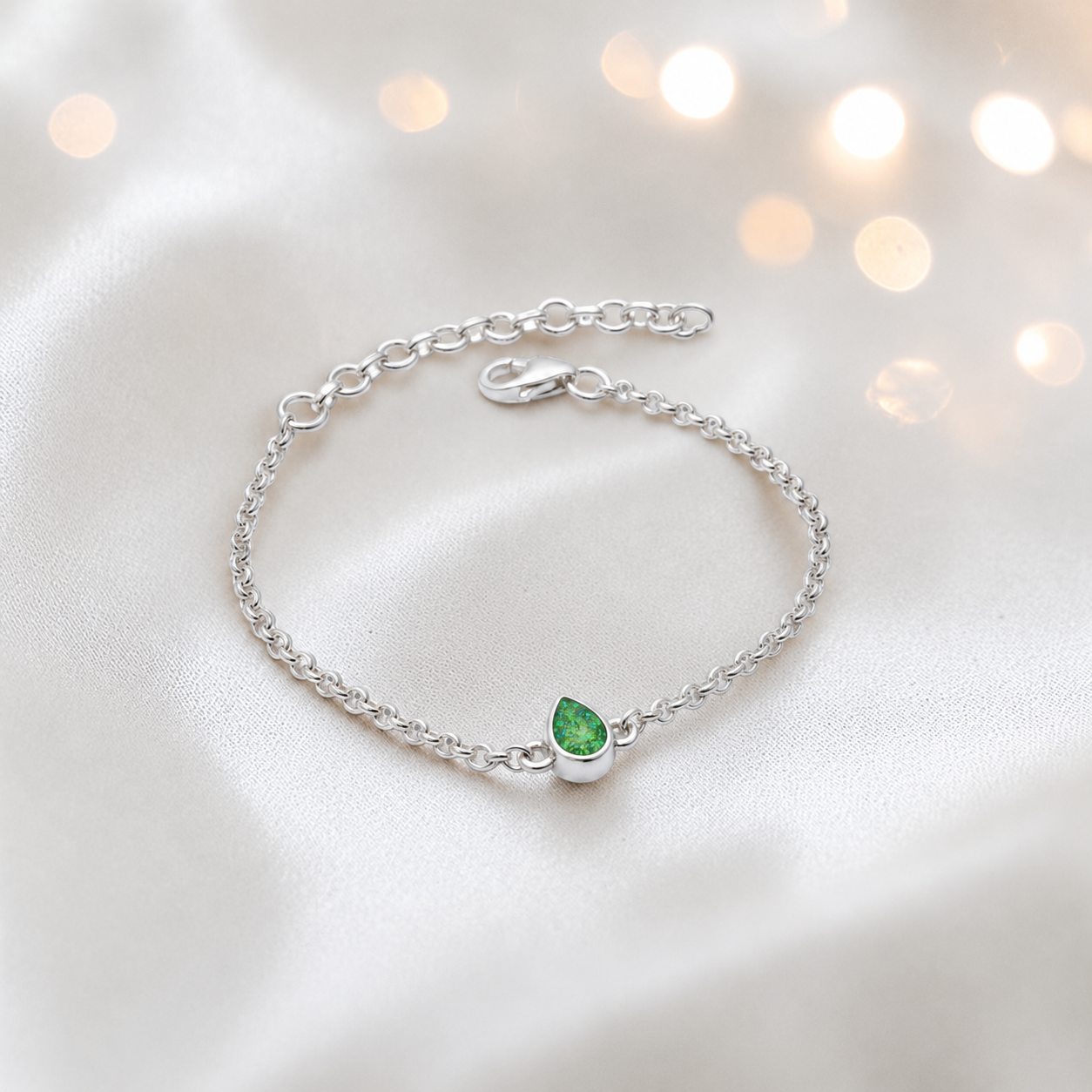 Haven memorial pear shaped belcher bracelet in fruit green, handcrafted in Lancashire UK - by Keepsake Memorial Jewellery