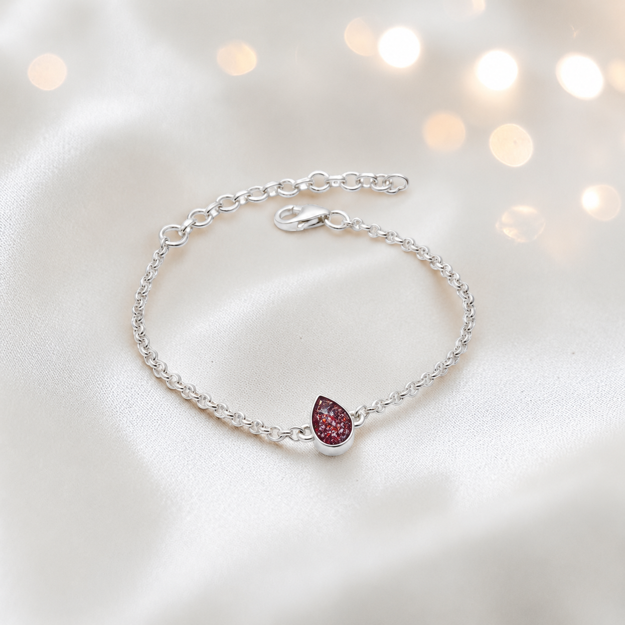 Haven memorial pear shaped belcher bracelet in ruby red, handcrafted in Lancashire UK - by Keepsake Memorial Jewellery
