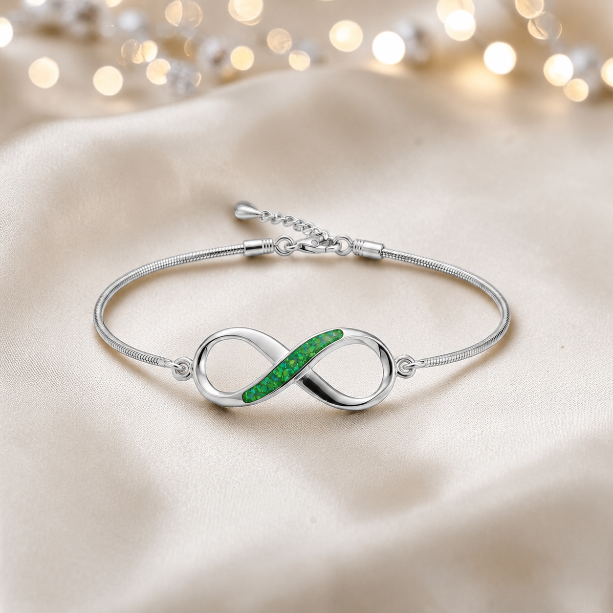 Infinity Bracelet — silver infinity ashes memorial bracelet, in fruit green, handcrafted in Lancashire, UK - by Keepsake Memorial Jewellery