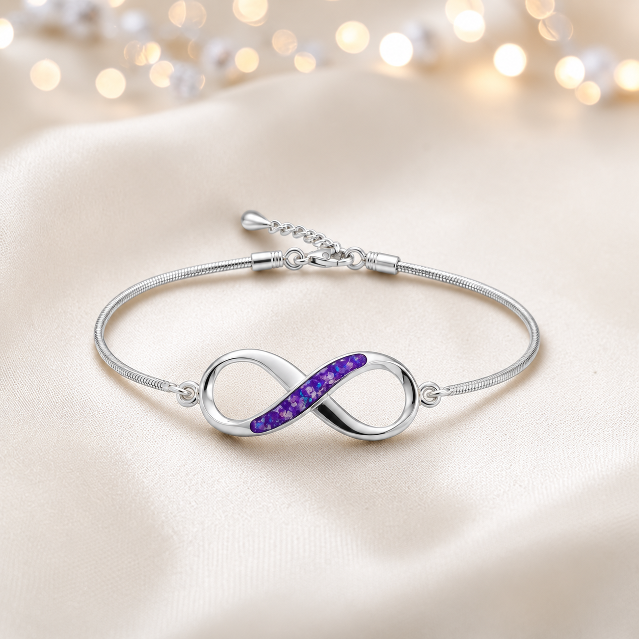 Infinity Bracelet — silver infinity ashes memorial bracelet, in sleepy lavender, handcrafted in Lancashire, UK - by Keepsake Memorial Jewellery