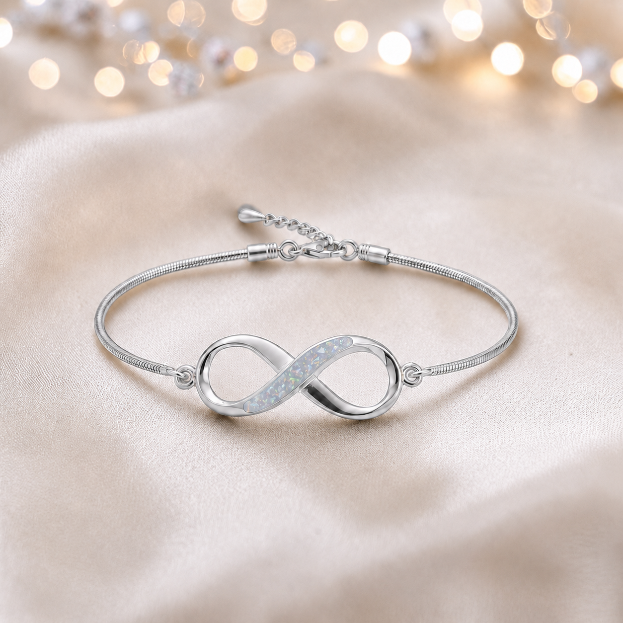 Infinity Bracelet — silver infinity ashes memorial bracelet, in white snow, handcrafted in Lancashire, UK - by Keepsake Memorial Jewellery
