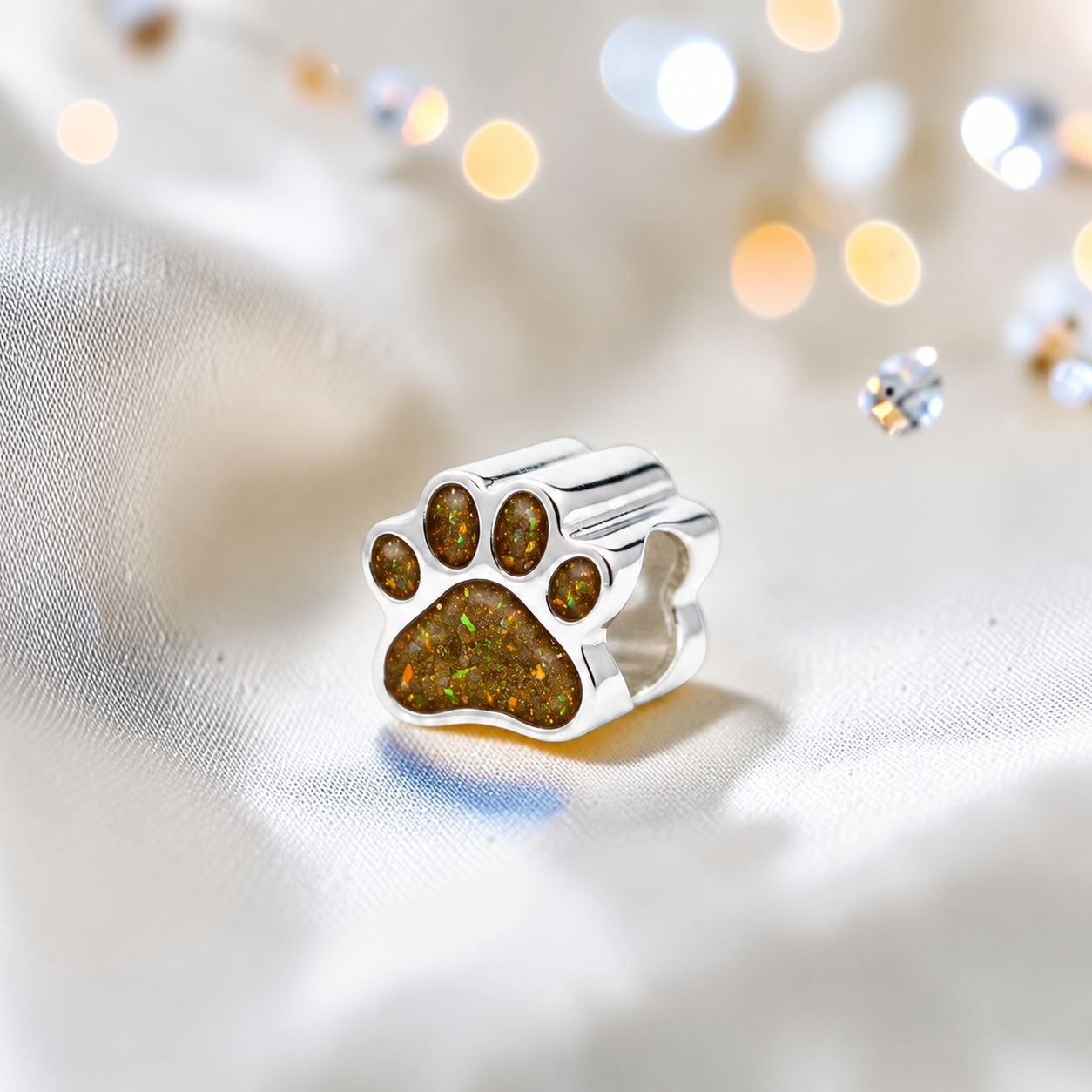 Lily paw silver ashes charm, in gold olive, handcrafted in Lancashire UK - by Keepsake Memorial Jewellery 