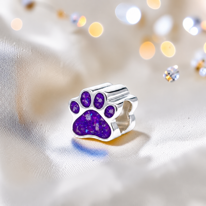 Lily paw silver ashes charm, in sleepy lavender, handcrafted in Lancashire UK - by Keepsake Memorial Jewellery 