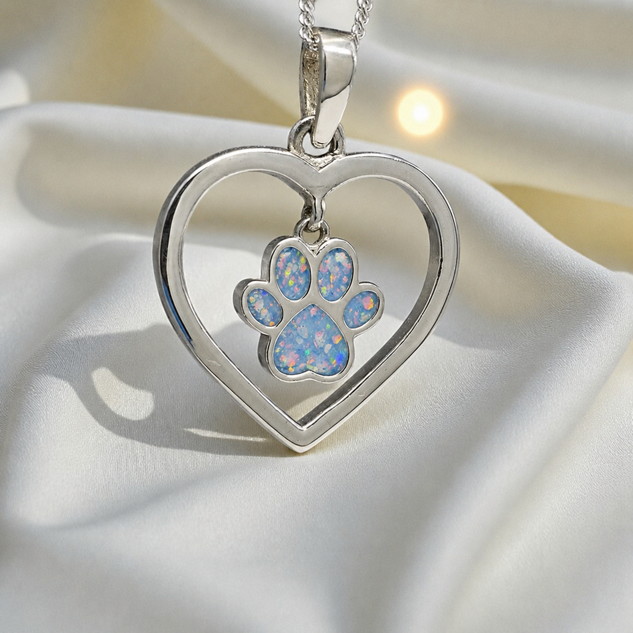 Lily pendant - heart shaped memorial ashes pendant with central paw charm in baby blue, handcrafted in Lancashire UK - by Keepsake Memorial Jewellery
