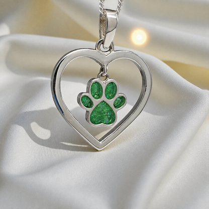 Lily pendant - heart shaped memorial ashes pendant with central paw charm in fruit green, handcrafted in Lancashire UK - by Keepsake Memorial Jewellery