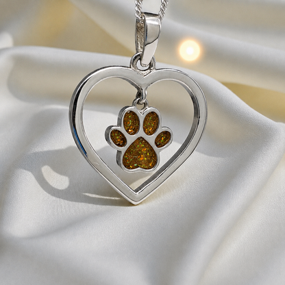 Lily pendant - heart shaped memorial ashes pendant with central paw charm in gold olive, handcrafted in Lancashire UK - by Keepsake Memorial Jewellery