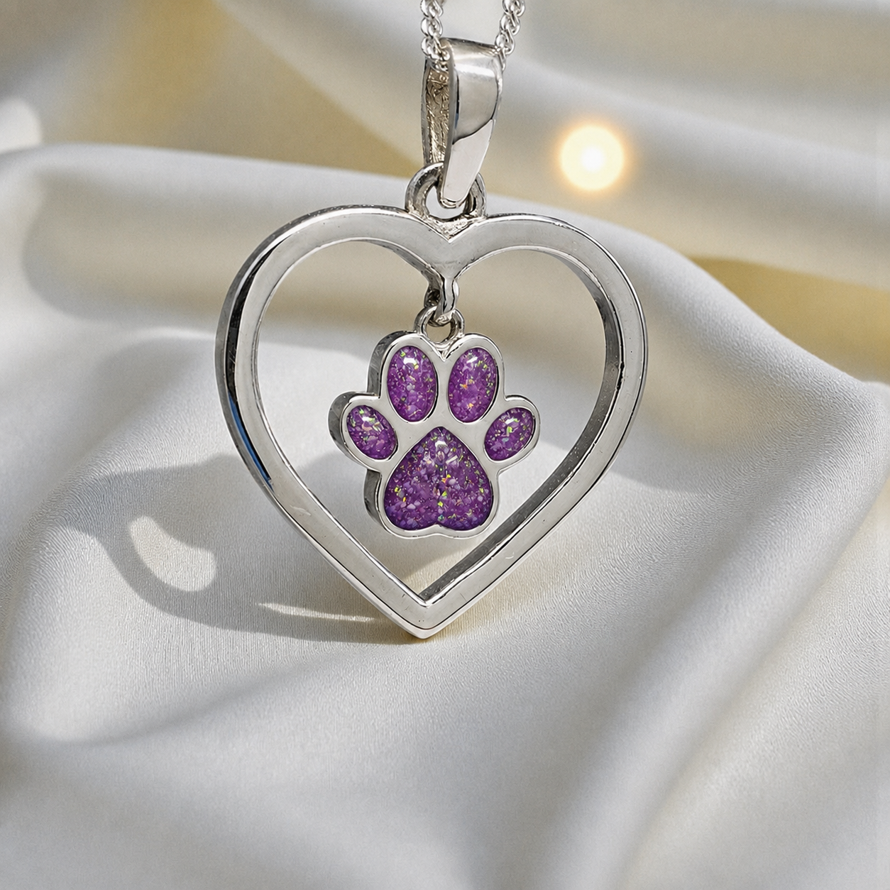 Lily pendant - heart shaped memorial ashes pendant with central paw charm in rose pink, handcrafted in Lancashire UK - by Keepsake Memorial Jewellery