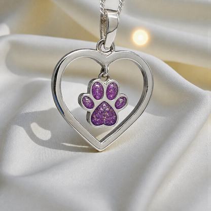 Lily pendant - heart shaped memorial ashes pendant with central paw charm in rose pink, handcrafted in Lancashire UK - by Keepsake Memorial Jewellery