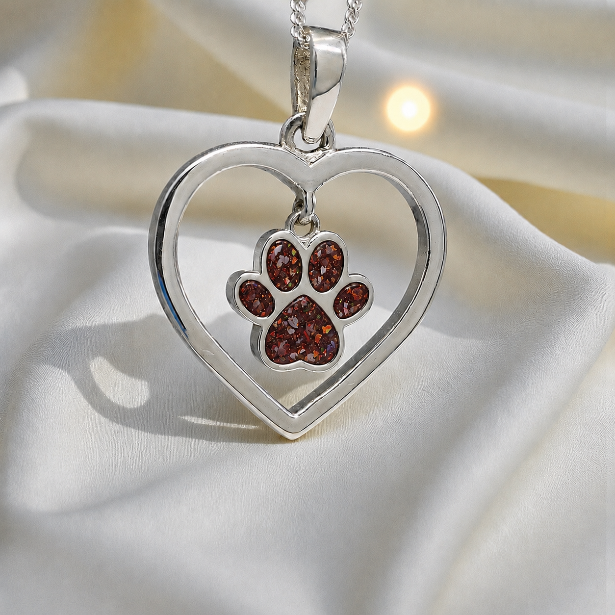 Lily pendant - heart shaped memorial ashes pendant with central paw charm in ruby red, handcrafted in Lancashire UK - by Keepsake Memorial Jewellery