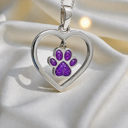 Lily pendant - heart shaped memorial ashes pendant with central paw charm in sleepy lavender, handcrafted in Lancashire UK - by Keepsake Memorial Jewellery