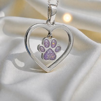 Lily pendant - heart shaped memorial ashes pendant with central paw charm in unicorn purple, handcrafted in Lancashire UK - by Keepsake Memorial Jewellery