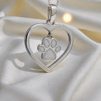 Lily pendant - heart shaped memorial ashes pendant with central paw charm in white snow, handcrafted in Lancashire UK - by Keepsake Memorial Jewellery
