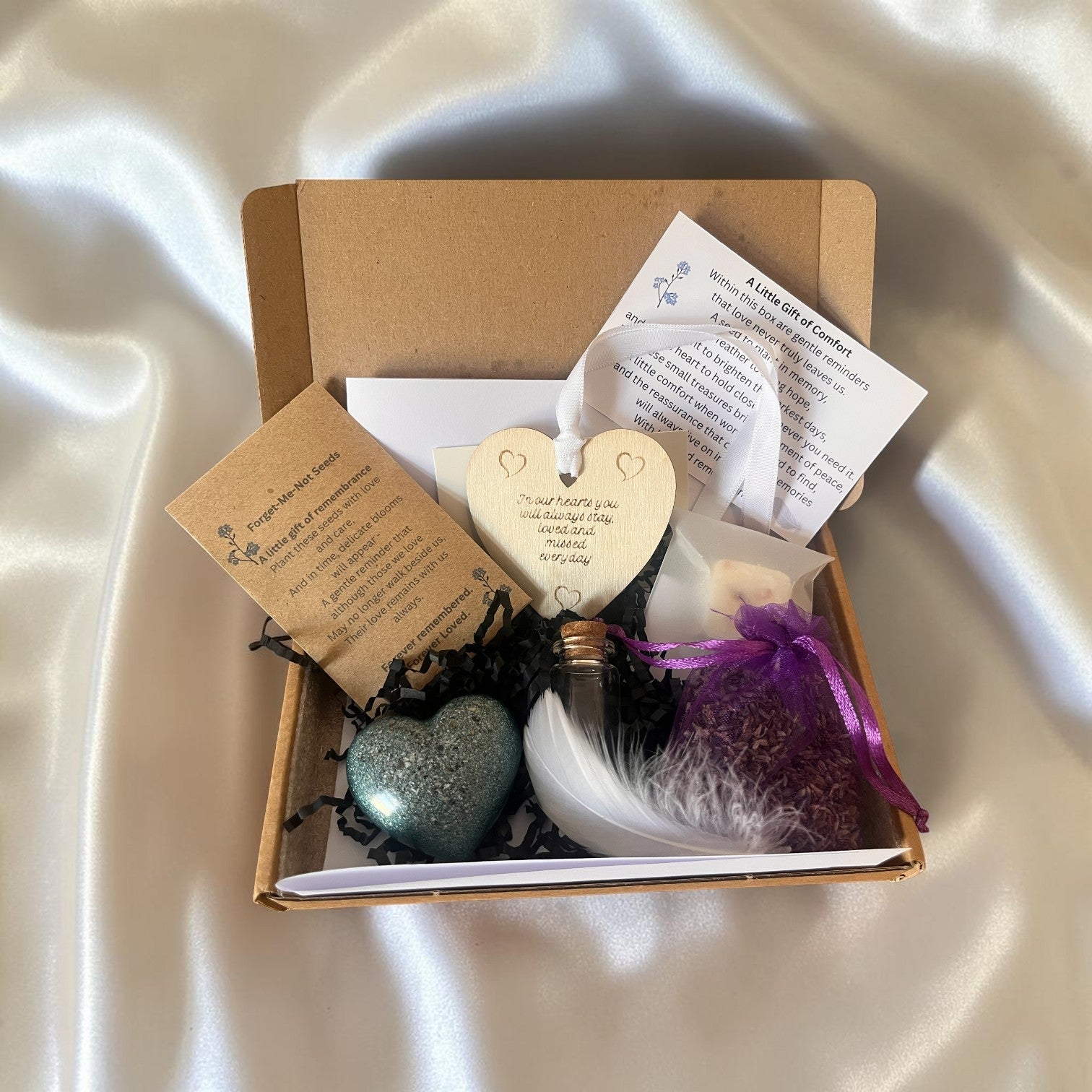 Keepsake memorial little box of comforts gift set including pocket heart, glass ashes bottle, engraved wooden heart, dried lavender, wax melt, forget-me-not seeds and comfort poem