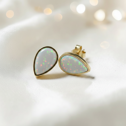 White Snow Luma 9ct gold peardrop earrings, handcrafted in Lancashire, UK – by Keepsake Memorial Jewellery