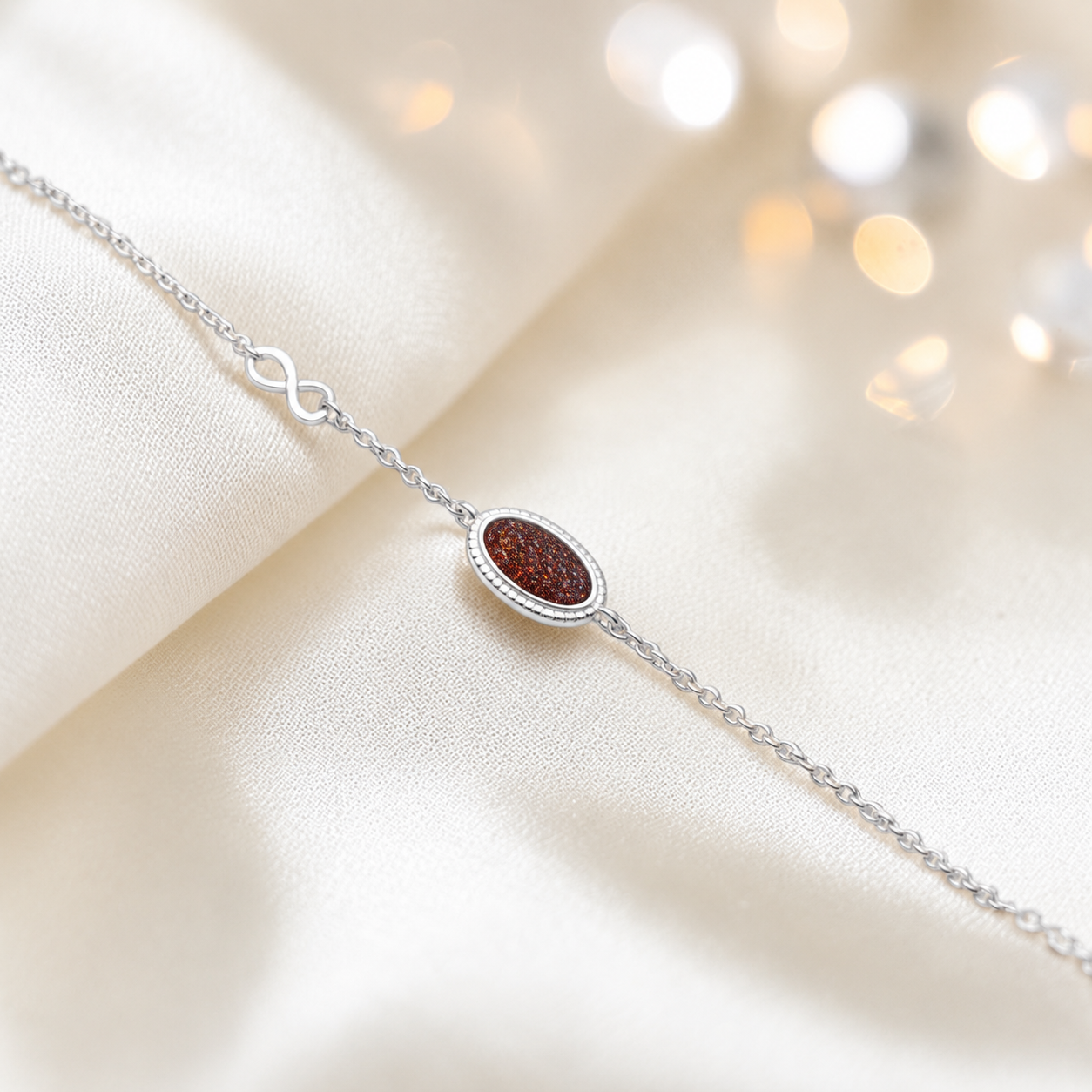 Lumen Bracelet — silver oval infinity ashes memorial bracelet in copper mocha, handcrafted in Lancashire, UK - by Keepsake Memorial Jewellery