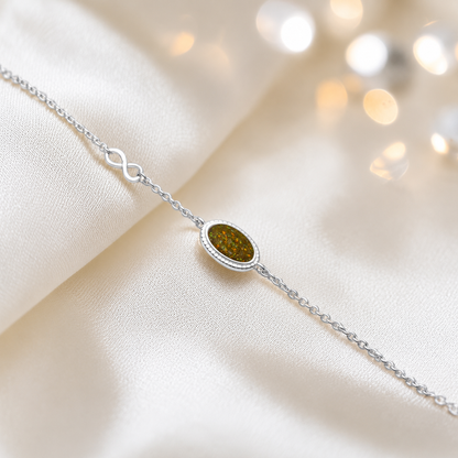 Lumen Bracelet — silver oval infinity ashes memorial bracelet in gold olive, handcrafted in Lancashire, UK - by Keepsake Memorial Jewellery