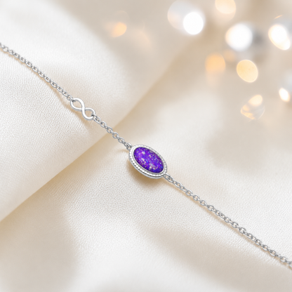 Lumen Bracelet — silver oval infinity ashes memorial bracelet in sleepy lavender, handcrafted in Lancashire, UK - by Keepsake Memorial Jewellery
