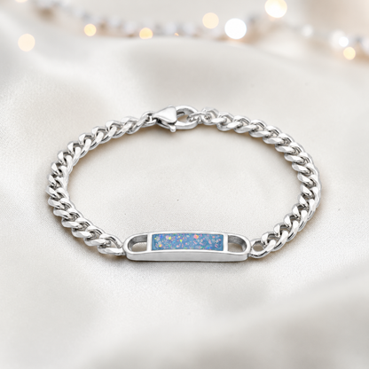 Lumena unisex silver memorial bracelet in baby blue, handcrafted in Lancashire UK - by Keepsake Memorial Jewellery