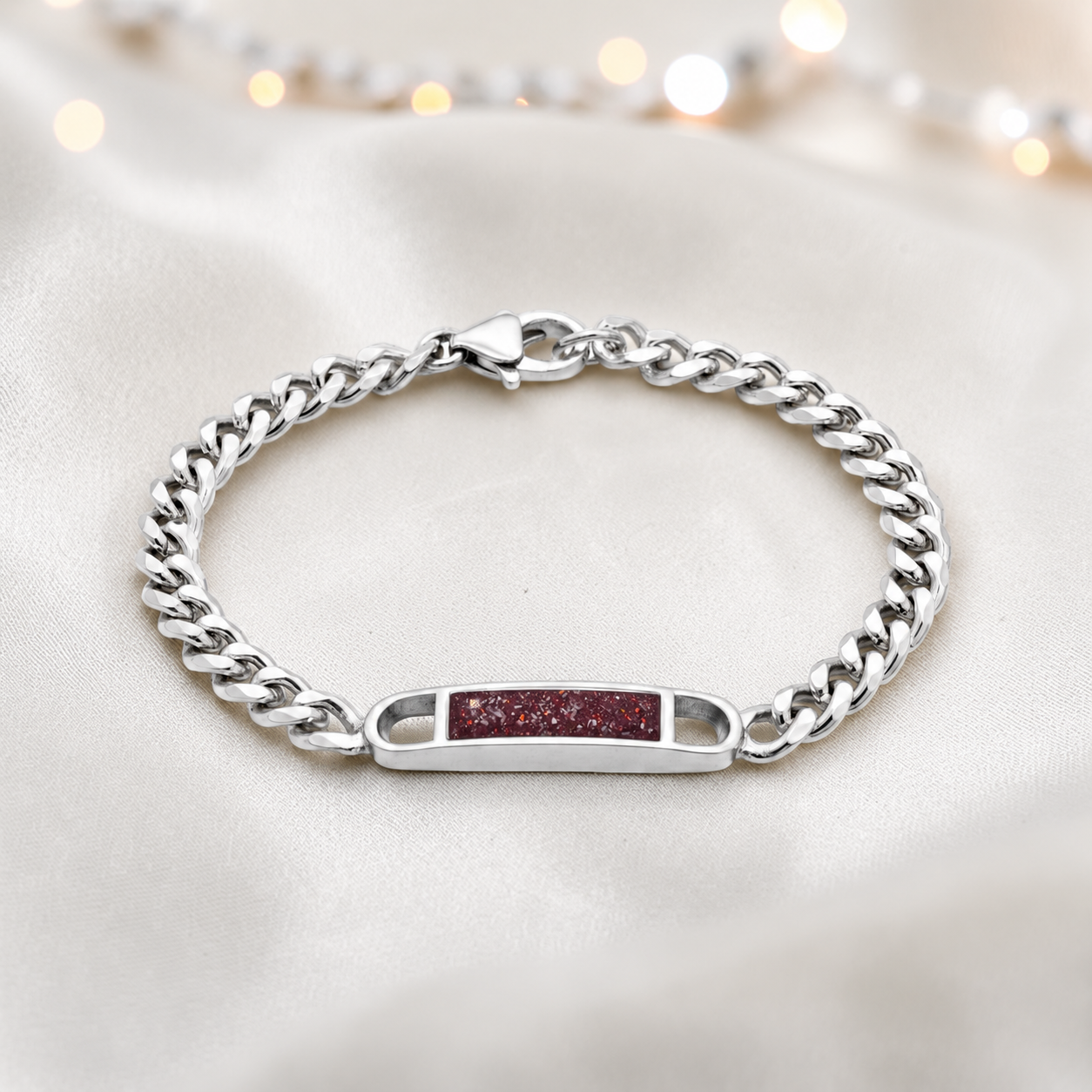 Lumena unisex silver memorial bracelet in ruby red, handcrafted in Lancashire UK - by Keepsake Memorial Jewellery