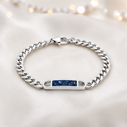 Lumena unisex silver memorial bracelet in sapphire glow, handcrafted in Lancashire UK - by Keepsake Memorial Jewellery