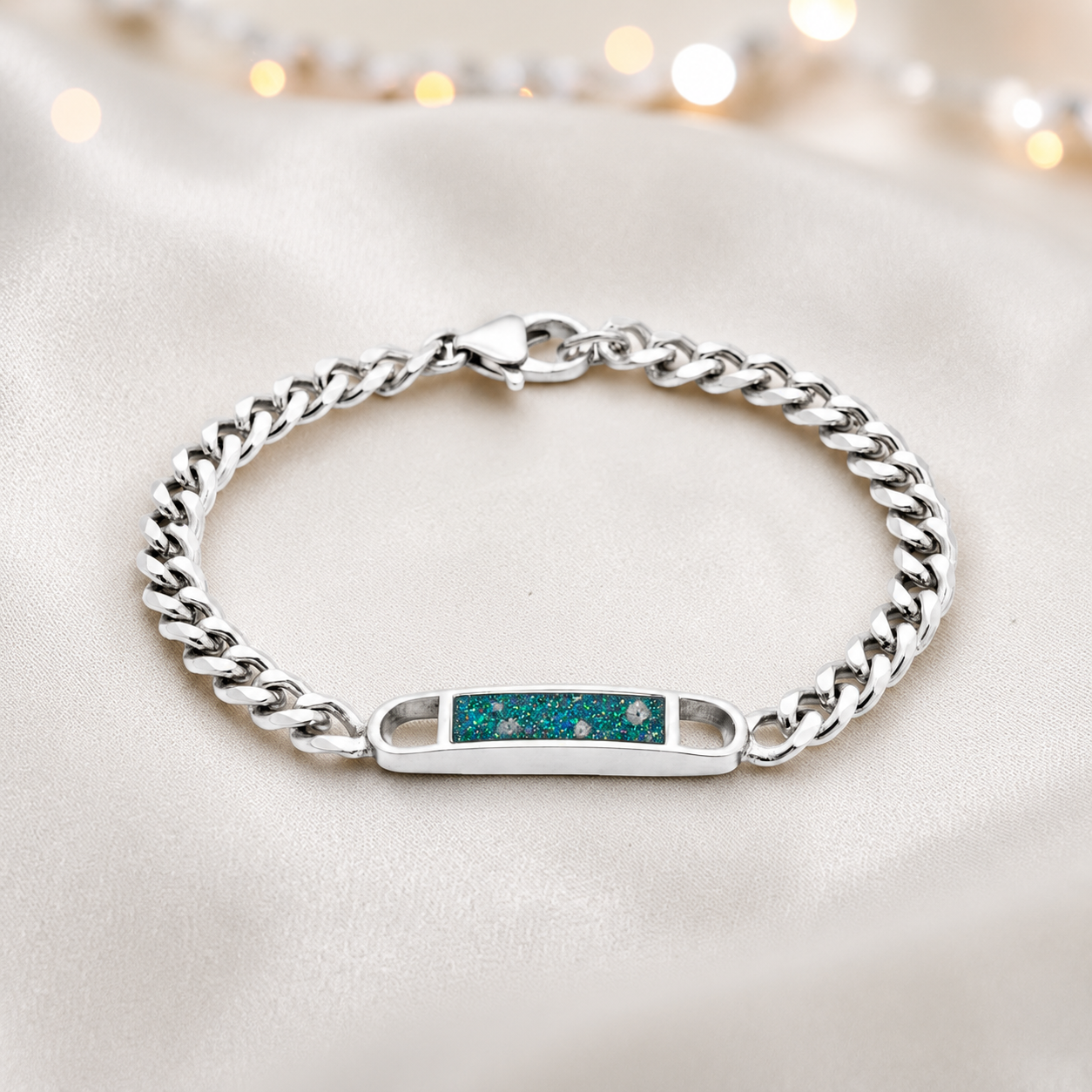 Lumena unisex silver memorial bracelet in teal mist, handcrafted in Lancashire UK - by Keepsake Memorial Jewellery