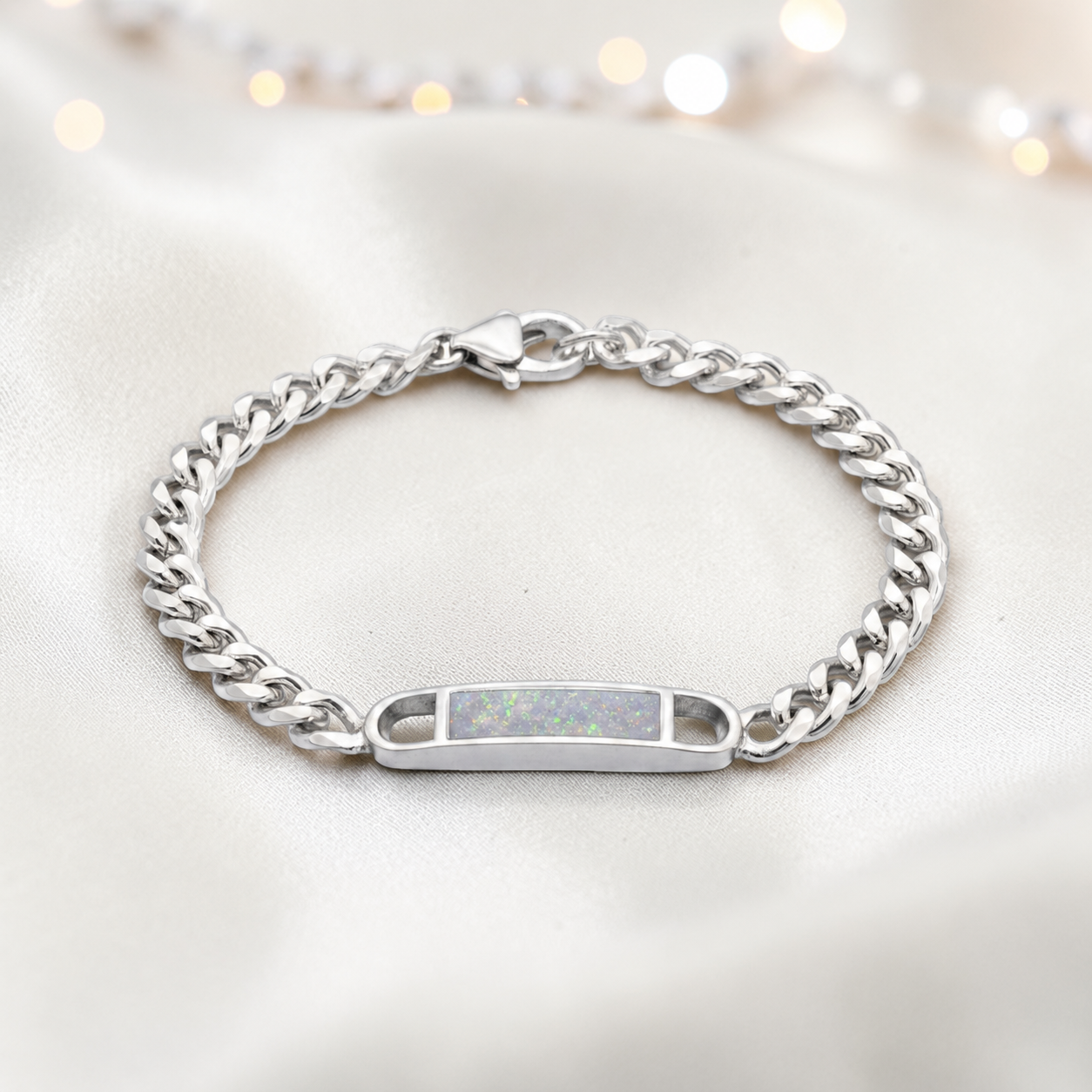Lumena unisex silver memorial bracelet in white snow, handcrafted in Lancashire UK - by Keepsake Memorial Jewellery