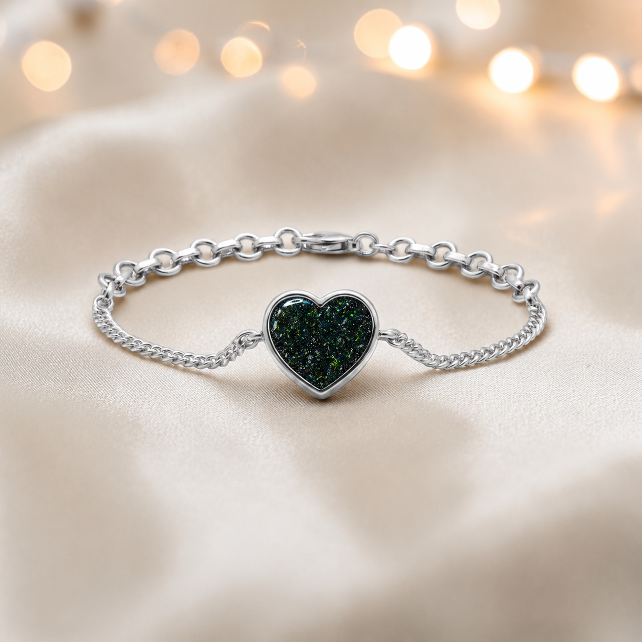 Lyra Bracelet — silver heart ashes memorial bracelet in black flame, handcrafted in Lancashire, UK - by Keepsake Memorial Jewellery