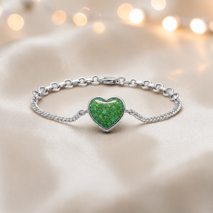 Lyra Bracelet — silver heart ashes memorial bracelet in fruit green, handcrafted in Lancashire, UK - by Keepsake Memorial Jewellery