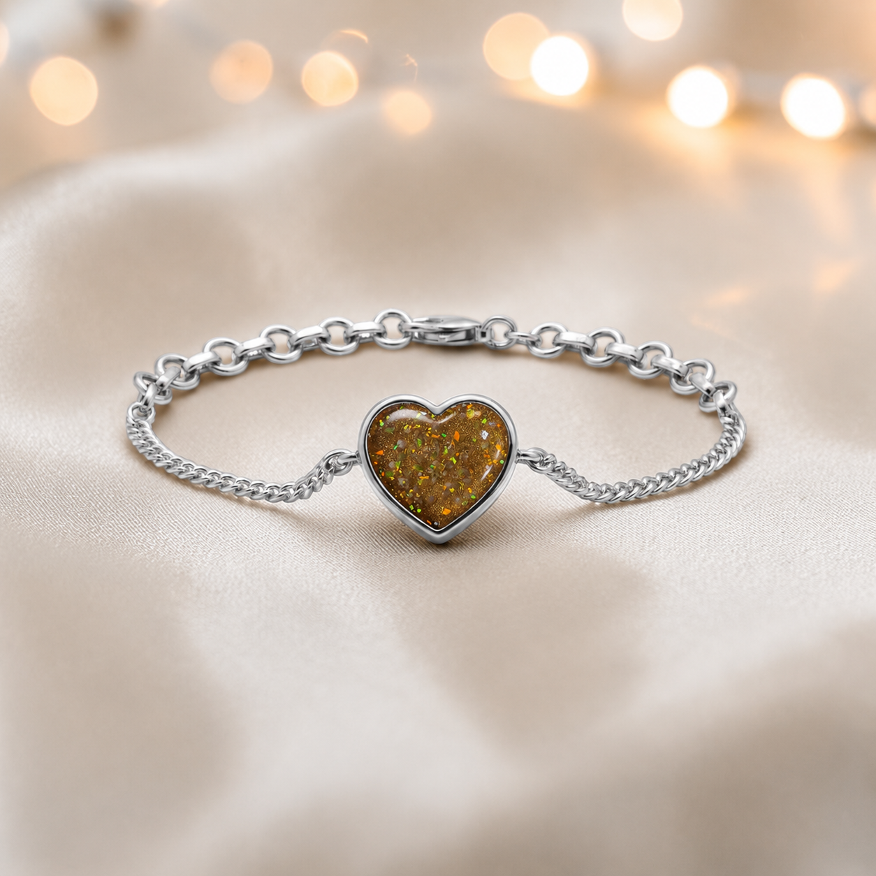 Lyra Bracelet — silver heart ashes memorial bracelet in gold olive, handcrafted in Lancashire, UK - by Keepsake Memorial Jewellery