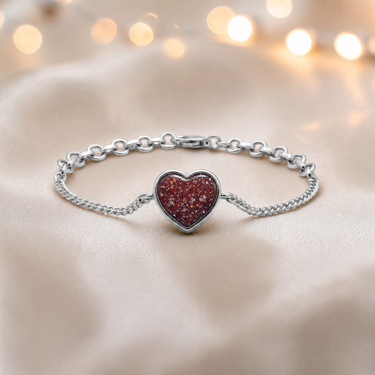 Lyra Bracelet — silver heart ashes memorial bracelet in ruby red, handcrafted in Lancashire, UK - by Keepsake Memorial Jewellery