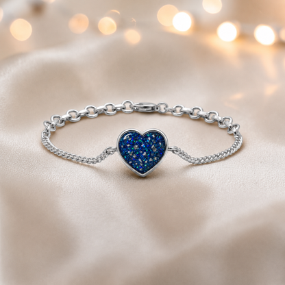 Lyra Bracelet — silver heart ashes memorial bracelet in sapphire glow, handcrafted in Lancashire, UK - by Keepsake Memorial Jewellery