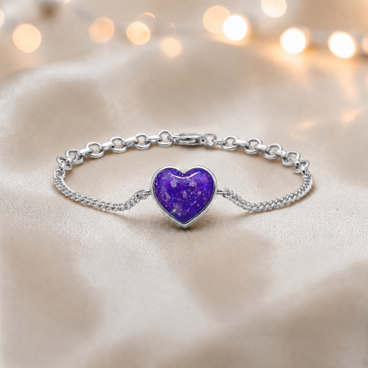 Lyra Bracelet — silver heart ashes memorial bracelet in sleepy lavender, handcrafted in Lancashire, UK - by Keepsake Memorial Jewellery